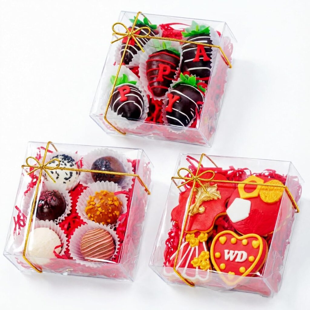 15 Pack Full Clear Chocolate Covered Strawberries Boxes 5x5x2 Inches Cookies Mini Bundt Cake Pie Cinnamon Roll Treat Chocolate Truffle Party Wedding Favor