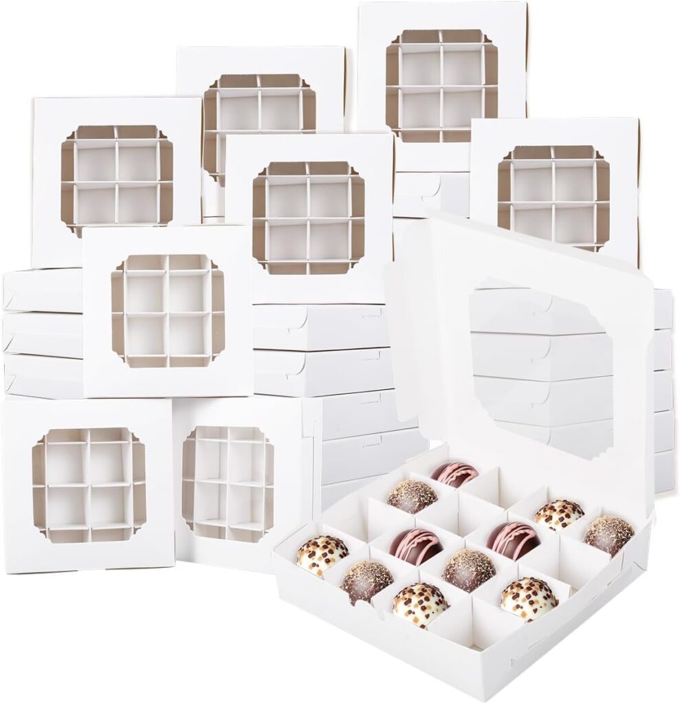 20pcs Chocolate Box Empty, White Candy Boxes Packaging Boxes with Inserts Clear Window and Divider 16-Compartments Treat Box, Sampler Boxes for Chocolate Sweet Assortment