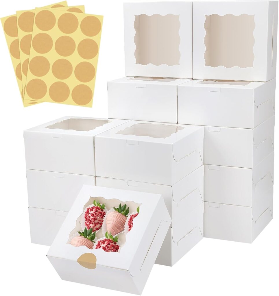 30 Pcs White Bakery Boxes with Window and Stickers, 6 X 6 X 3 Inches