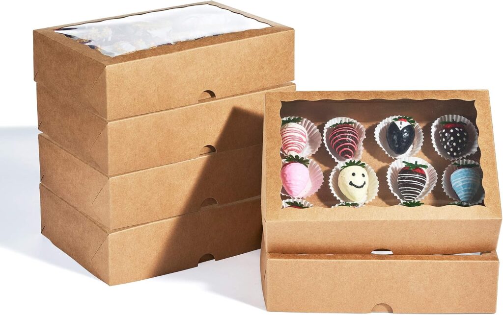 4PCS 10x7 x2.5Inches Premium Brown Strawberry Boxes with Display Window, Sweet Treat Boxes for Cookies, Donuts, Macarons, Muffins& Hot Coca Bombs, Perfect for Any Celebration