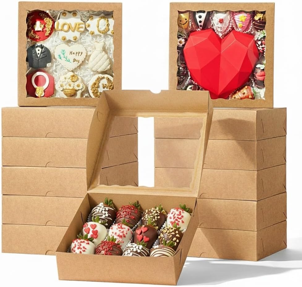 6PCS Brown Bakery Boxes with Window, 9x9x2.5 Inches