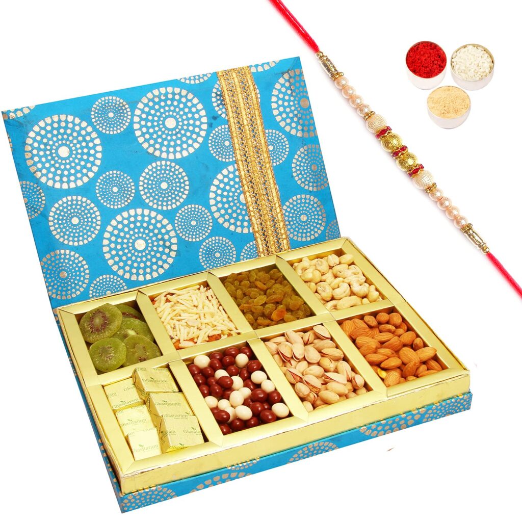 Ghasitaram Gifts Rakhi Gifts for Brothers Rakhi Dryfruits Hamper - Satin 8 Part Hamper Box with Pearl Rakhi