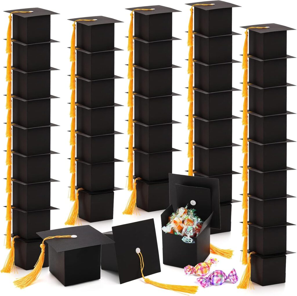 Lawei 50 Pack Graduation Candy Boxes, Graduation Cap Gift Sugar Chocolate Boxes with Yellow Tassel, DIY Grad Treat Box for Graduation Party Favors Boxes, Graduation Decor Party Supplies