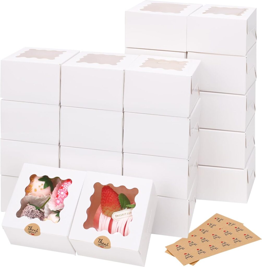Moretoes Cookie Boxes with Window, 4x4x2.5in White Food-grade Bakery Boxes