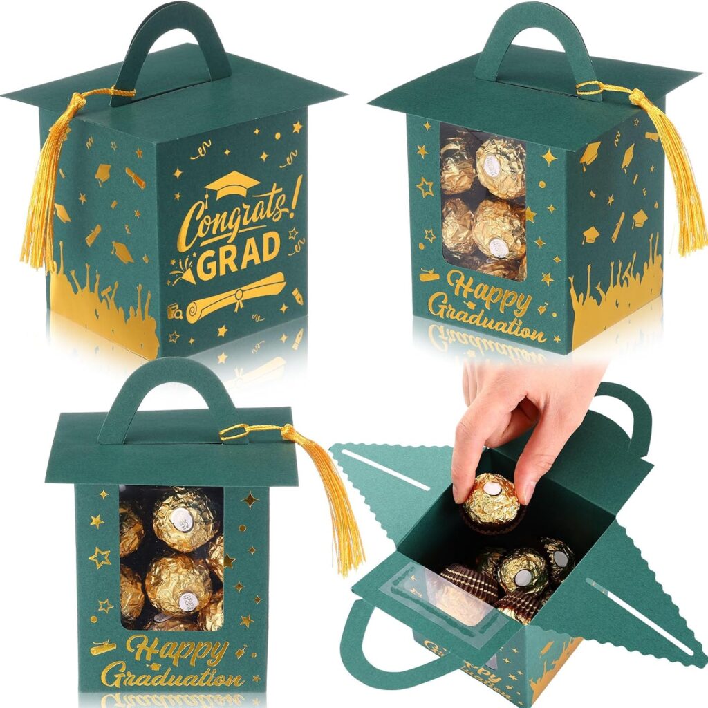 Outus 30 Pcs Graduation Cap Candy Boxes with Window and Tassel, Green