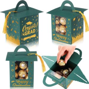 Outus 30 Pcs Graduation Cap Candy Boxes with Window and Tassel, Green