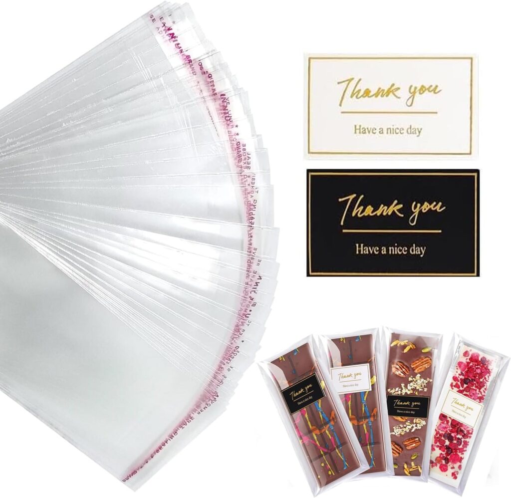 Xurise Chocolate Bar Wrappers with Stickers, 200 Pcs Self Sealing Bar Packaging with Thank You Stickers for DIY Chocolate Lover Small Batched Custom Sweets (Clear, 2.4 * 6.7inch)