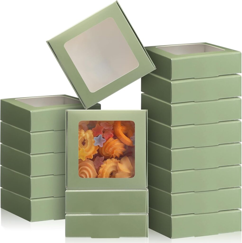 Zonon 30 Pcs Kraft Paper Boxes with Window 4.13x 4.13x1.18inch (Dark Green)