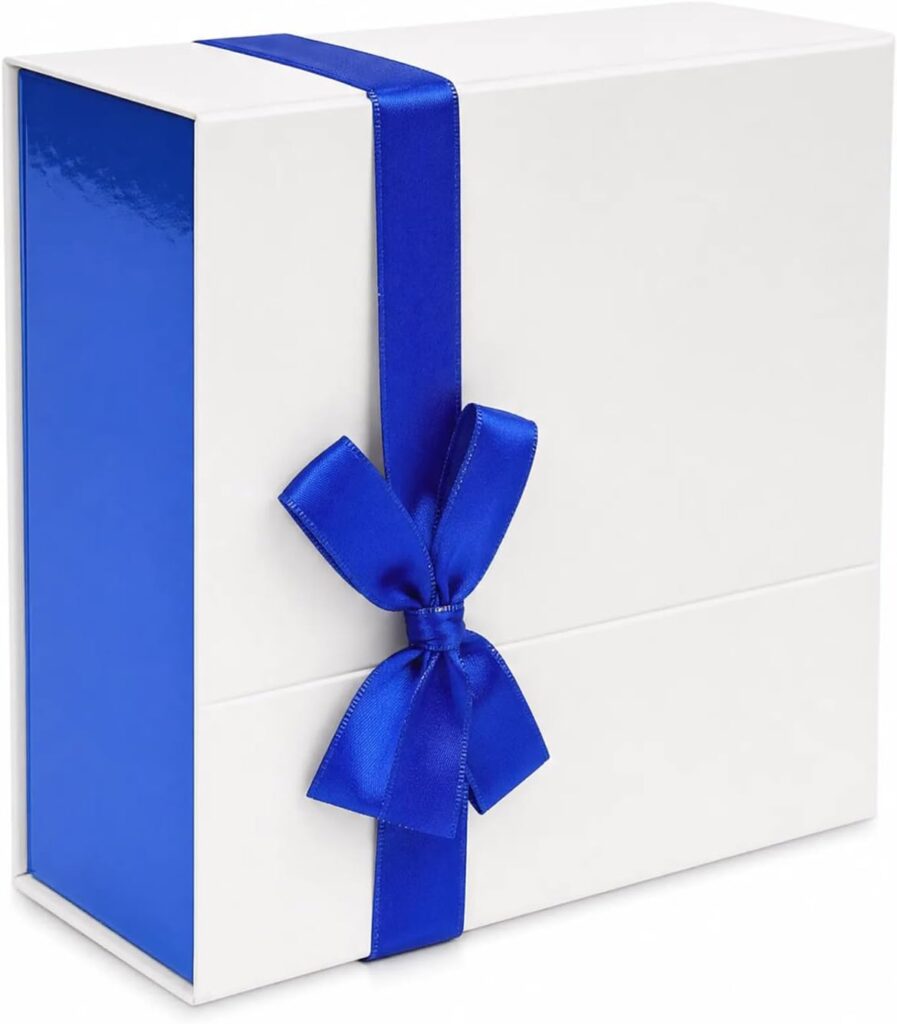 jsvant White Blue Gift Box with Bow 8.3"x8.3"x3.5", Luxury Collapsible Gift Box with Magnetic Lid for Bridesmaid Groomsman Proposal, Wedding, Birthday Christmas Gift Packaging